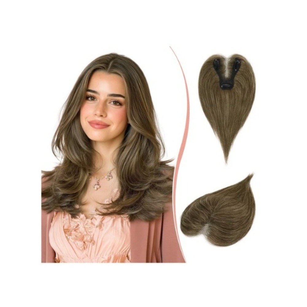 RUWISS Human Hair Topper 10" Brown Blonde Highlights Clip In Hairpiece Thinning